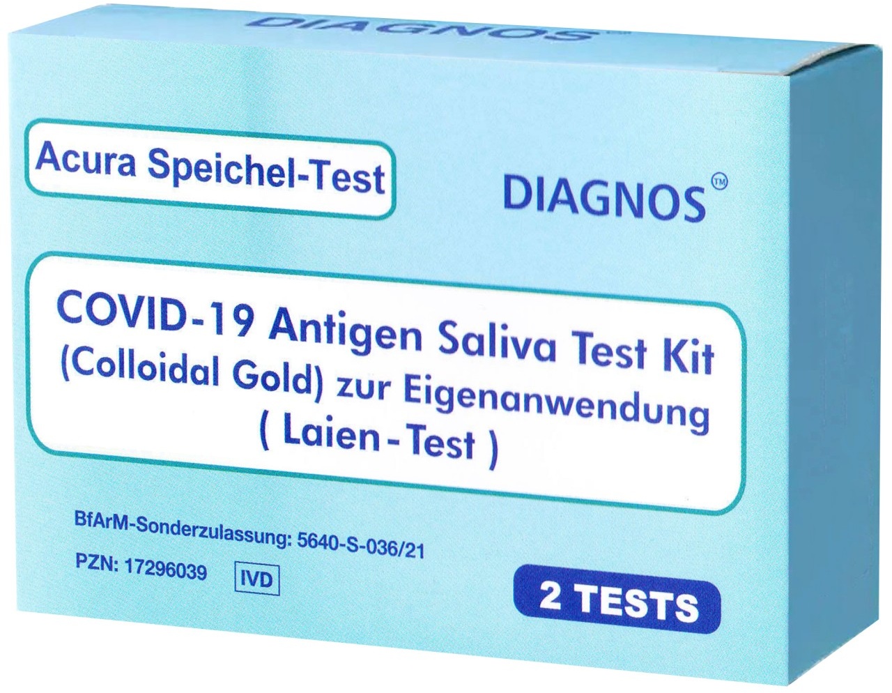 2 Acura Speichel-Test DIAGNOS COVID-19 Laientest (Spucktest) mit BfArM-Sonderzulassung, Coronavirus (SARS-Cov-2) Antigen Schnelltest, kein PCR