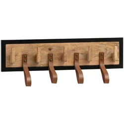 KADIMA DESIGN Wandgarderobe Mango Massivholz / Echtleder 60x15x6 cm, Hakenleiste für Jacken, Schals und Mützen, Flurgarderobe mit Metallrahmen, Garderobe Wand Holz