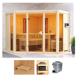 Karibu Sauna Adele, BxTxH: 231 x 231 x 198 cm, 68 mm, (Set) 9-kW-Bio-Ofen mit ext. Steuerung, 2 Infrarot-Vitalight-Strahlern beige