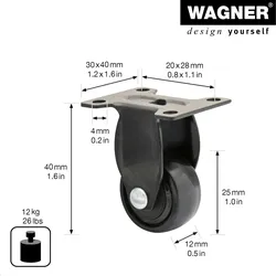 WAGNER Design - 3C Bockrolle/Möbelrolle soft - Durchmesser Ø 25 mm, schwarz, Tragkraft 12 kg - 01242701