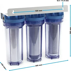 Naturewater NW-PR103 3 Stufen Wasserfilter, 5 μ, 26,16 mm (3/4"), Ø62 mm PP Kartusche, Filter Wandhalterung, Filterschlüssel, Sedimentfilter Aktivkohleblock Aktivkohlegranulat