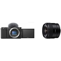 Sony Alpha ZV-E10 | APS-C spiegellose Wechselobjektiv-Vlog-Kamera (schwenkbarer Bildschirm für Vlogging, 4K-Video), Schwarz + APS-C-Weitwinkel-Objektiv mit Festbrennweite + Bluetooth Handgriff