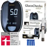 aktivmed GlucoCheck GOLD Blutzuckermessgerät (mmol/l) + 110 Blutzuckerteststreifen, 10 Lanzetten, 1 Stechhilfe, 1 Etui,
