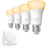 Philips Hue Vorteilspaket - E27 - mit 4 Standard Lampen - Warm bis Kaltweißes Licht - inkl. 1 Hue Dial Schalter (Weiß) - Hue White Ambiance