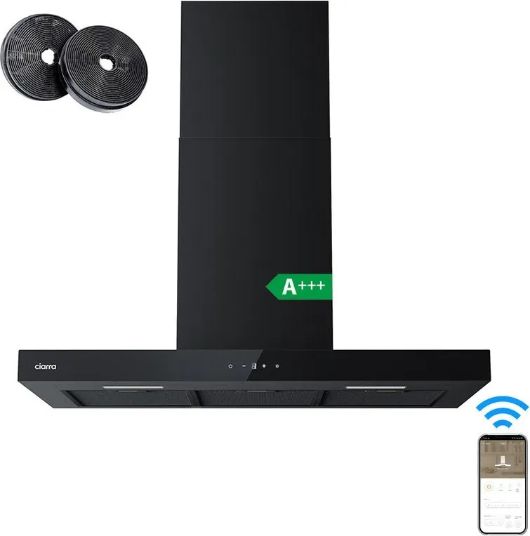 Ciarra Dunstabzugshaube 90 cm, Umluft, WLAN & App-Steuerung, Touch-Bedienfeld, 650 m3/h, Wandmontage, 4 Leistungsstufen mit Booster, Energieeffizienzklasse A+++