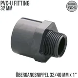 Plimat 32 mm PVC Klebe Fitting Übergangsnippel Pvc-u 32/40 mm x 1 Zoll Klebemuffe/klebestutzen X Außengewinde 10 Bar, Grau
