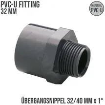 Plimat 32 mm PVC Klebe Fitting Übergangsnippel Pvc-u 32/40 mm x 1 Zoll Klebemuffe/klebestutzen X Außengewinde 10 Bar, Grau