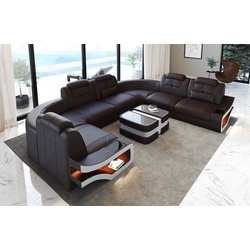 Sofa Dreams Wohnlandschaft Leder Couch Sofa Elena U Form Ledersofa, U-Form Ledersofa mit LED-Beleuchtung braun|weiß