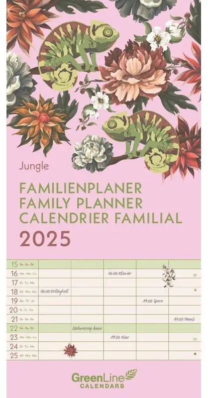 Greenline - Jungle 2025 Familienplaner  22X45cm  Familienkalender Mit Effizienter Monatsaufteilung In 5 Spalten  Für Familienorganisation  Schulferien