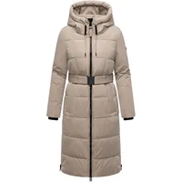 Navahoo Damen Steppmantel lang Wintermantel Parka Jacke wasserabweisend, Kapuze, Teddyfell, Kragen, Gürtel Herbstnebel