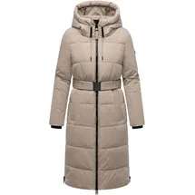 Navahoo Damen Steppmantel lang Wintermantel Parka Jacke wasserabweisend, Kapuze, Teddyfell, Kragen, Gürtel Herbstnebel