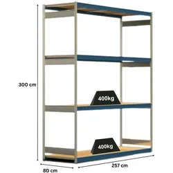 PROREGAL Weitspannregal ELCH Stecksystem T-Profil | Grundregal | HxBxT 300x257x80cm | 4 Ebenen | Spanplatten-Fachboden | Fachlast 400kg | Enzianblau