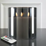 Eywamage 3 Docht Grau Glas Flammenlose Kerze mit Fernbedienung, Batterie LED Wachs Stumpenkerze Φ 6" H 6"