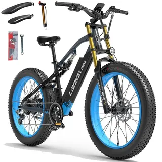 LANKELEISI E-Bike Full Suspension RV700, Reifen 26 x 4, 7 Gänge, 16 Ah Akku, hydraulische Bremsen (blau)