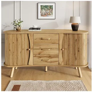 KLAM HOME Sideboard Sideboard mit Rillenoptik, 2 Schiebetüren & 3 Schubladen (Modernes Sideboard skandinavischer Stil mit Massivholzbeinen), Wohnzimmer Sideboard 150cm MDF mit höhenverstellbaren Fächern braun