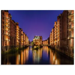 Glasbild ARTLAND "Hamburg Speicherstadt bei Nacht", gold (farbe bild(er): goldfarben), B:80cm H:60cm, Bilder, in verschiedenen Größen