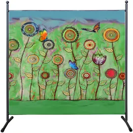 Quick Star Paravent Outdoor Wetterfest 180 x 178 cm Green Flowers | Raumteiler Stellwand Innen | Garten & Balkon Sichtschutz Blickdicht
