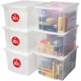 Iris Ohyama Iris Ohyama, 30L Plastik Aufbewahrungsboxen mit Deckel, 6 große stapelbare Boxen, BPA-frei, Wäscherei, Büro, USB-M, Transparent - L42 x T35.5 x H26.5 cm