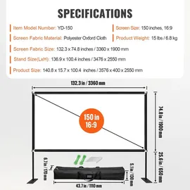 Vevor Projektionsleinwand mit Ständer 381cm Tragbare Filmleinwand 16:9 Outdoor Indoor Beamer Leinwand 347 x 201.9cm Mobile Beamer Leinwand 160°