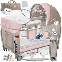 Kidiz KIDIZ® Babybett Reisebett Kinderreisebett Faltbar mit Matratze 120x60, Seiteneingang, Wickelauflage, Mosktionetz, Spielbogen & Tragetasche Baby Beistellbett Kinderbett ab Geburt bis 15 kg