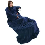 Brandsseller Flauschige TV-Decke mit Ärmeln ca.170 x 200 cm Kuscheldecke in Flanell/Sherpa Feeling - Doppeltasche und Fußtasche Navy