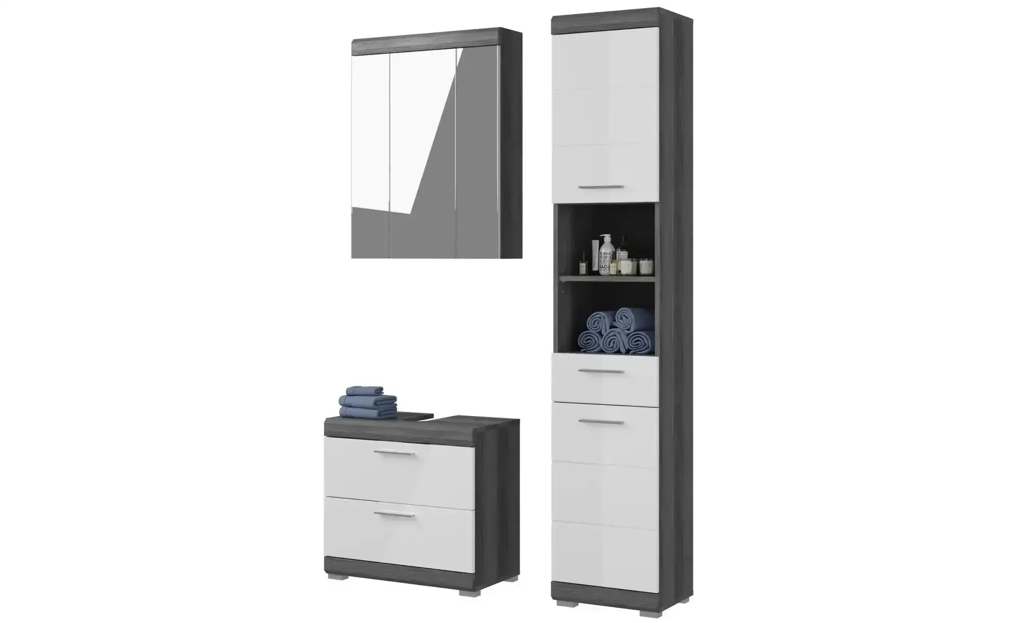 Badmöbel-Set SCHLOONSEE  3 teilig  bestehend aus: Hochschrank  Waschbeckenunterschrank  Spiegelschrank  Hochschrank  Waschbeckenunterschrank  Spiegelschrank  Schloonsee , weiß , Maße (cm): B: 112 H: 191