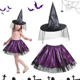 SFSSHUI 2-Teilig Halloween Hexenkostüm,Lila Hexenrock Mit Hexenhut,Hexe Kostüm,Kinder Halloween Kostüm Hexe,Hexen Verkleidung Set,Für Halloweenparty Karneval Maskerade Rollenspiele.