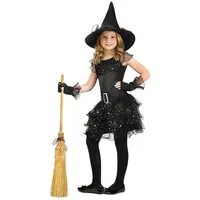 Fun World Hexen-Kostüm Hexe Kleid - Halloween Kostüm Kinder - Fasching, Zauberhaftes Glitzer Hexen Kostüm für Mädchen schwarz 116-128 | 116-128