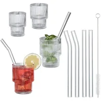 Relaxdays Trinkgläser 4X, Retrogläser, gerippt, 210 ml, spülmaschinenfest, Strohhalme,