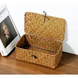 Aufbewahrungskorb aus Geflochtenem Rattan,Aufbewahrungskorb mit Deckel,Rechteckige Weidenkorb Aufbewahrungsbox,Regalkörbe Dekorative,Natürliche Seegras Make-up-Organizer für Badezimmer Küche (M)