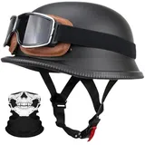 Deutsche Motorrad Jethelm ECE-Zertifizierung, Vintage Halbhelme Halbschalenhelm mit Schutzbrille Chopper Helm für Cruiser Street Scooter mit Schnellverschlussschnallen 22.4-25.2in