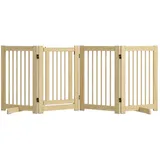 PawHut Absperrgitter Hund 4-teilig, 204 x 75 cm Faltbar Türschutzgitter mit Tür, Freistehend Hundegitter mit 2 Stützfüßen, Treppengitter aus Holz