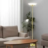Standleuchte Stehlampe Deckenfluter Wohnzimmer Leselampe Metall messing mit flexiblem Lesespot, getrennt schaltbar, Glasschirm, 2x E27 1x E14, DxH 34x180 cm