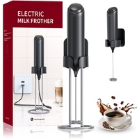 Elektrischer Milchaufschäumer mit Ständer, Edelstahl Milch Aufschäumer und Schneebesen, USB Aufladbar, Geräuscharm, 2 in 1 Handheld Handmixer Milk Frother Milchschaum Eiermixer für Kaffee/Latte