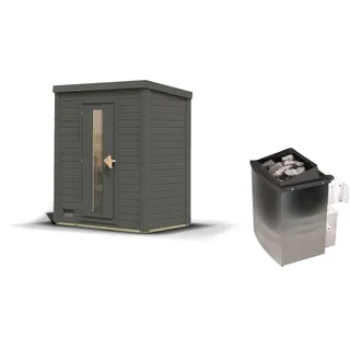Karibu Gartensauna Saunahaus Hytti 0 terragrau Energiesparende Saunatür 9 kW Ofen integr. Steuerung