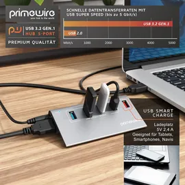 Primewire - USB HUB 3.2 Gen1, USB Adapter, USB Verteiler, 5-Port, kompatibel mit Windows Desktop-PCs, Notebooks, Laptops, MacBooks (bis 2015), Mac