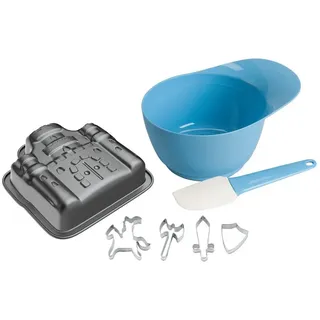 Kaiser Ritter Ruy Kinderbackset 7-teilig, Ritterburg-Backform antihaftbeschichtet, Kunststoff-Rührschüssel, Teigschaber, Edelstahl-Ausstecher, spülmaschinengeeignet