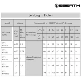 Eberth 4" Tiefbrunnenpumpe 1100W 1-1/2 Zoll mit Schmutzsieb und 20m Kabel
