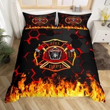 Feuerwehr Kinder Bettbezug Set 200x200,Feuerwehr LKW Werkzeug Flamme Bettwäsche Set, geometrische Waben Hexagon Tröster Abdeckung, rot schwarz Quilt Cover, 2 Kissenbezüge