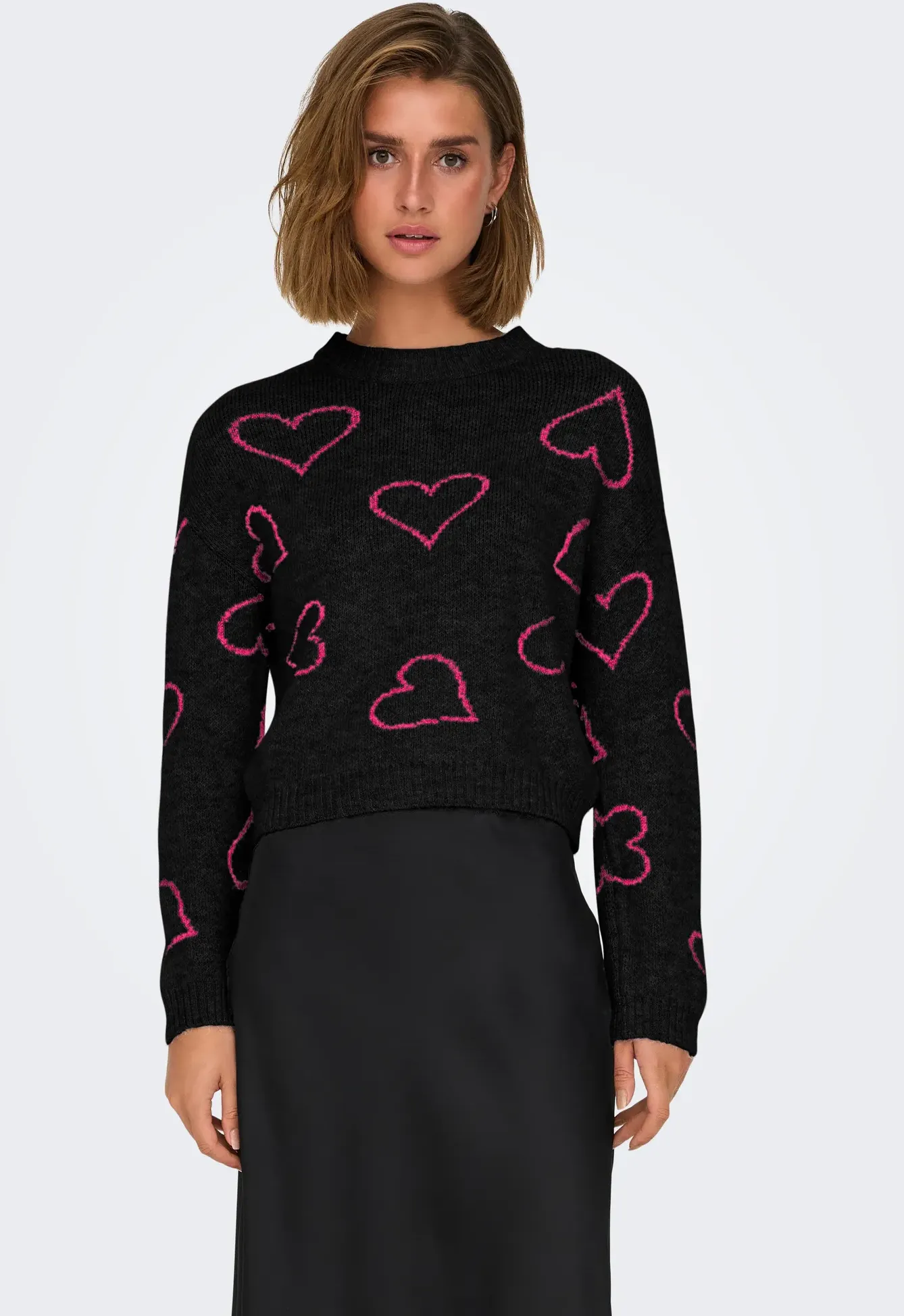 ONLY Rundhalspullover »ONLHAPPIE LS HEART O-NECK KNT« ONLY Black Pattern:Fuchsia Purple outline hearts XS (34)