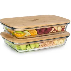 Klarstein Aufschnittbox mit Deckel 1,6 Liter 2er Set Glas Bambus hitzebeständig Transparent