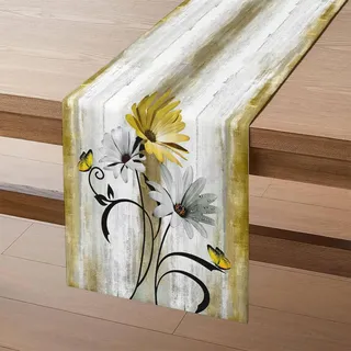 Tischläufer Blumen in Gelb Senfgelb Kurkuma , Moderne Tischläufer Weiße Gänseblümchen Schwarze Blätter Schmetterling Sommer Table Runner Dekoration für Drinnen Urlaub Party Dekor 40x100 cm