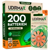 200 Batterien für Hörgeräte Größe 13 Udirmax PR48 Orange Zink-Luft mit Dynamic Sonar Technologie Öko-Pack - 20 umweltfreundliche Blisterpackungen mit 10 Hörgerätebatterien