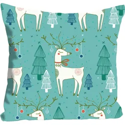 Dekokissen QUEENCE "Damian", blau (türkis, bedruckt), B:40cm L:40cm, Polyester, Dekokissen_Sitzkissen_Kissenhüllen, mit Rentieren und Tannenbäumen