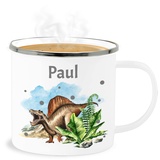 Emaille Becher Blechbecher - Dinosaurier Dino - Dinos - 300 ml - Weiß Silber - tiere tasse kinder personalisierte name tassen tieren t rex häferl saurier tier dinosaur und personalisierter mit.