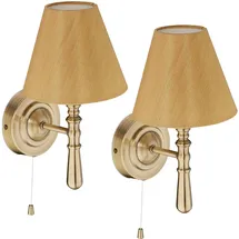 Relaxdays Wandlampe mit Schirm, 2er Set, Zugschalter, Flur & Wohnzimmer, E14, Stoff, Metall, HxBxT: 28x16x19 cm, Messing