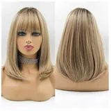 birene Echthaarperücke Blonde Perücken mit Pony, mittlere gerade Bob-Synthetik-Perücken for Frauen, die täglich Aussehen, Cosplay, hitzebeständige Faser-Perücken Perücken für Frauen