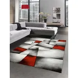 Moderner Teppich Kurzflor Wohnzimmerteppich Konturenschnitt karo abstrakt grau schwarz weiss rot Größe - 160x230 cm - Rot/Grau/Weiß/Schwarz