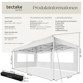 Tectake Faltpavillon 3 x 6 m inkl. 2 Seitenteile weiß