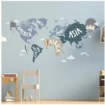 WANDKIND WELTKARTE Wandtattoo Set V248 | handgezeichnet | AUFKLEBER Kindergarten | Wandsticker Kinderzimmer Landkarte Karte Länderkarte Länder Globus (Blau, 100 x 50 cm)